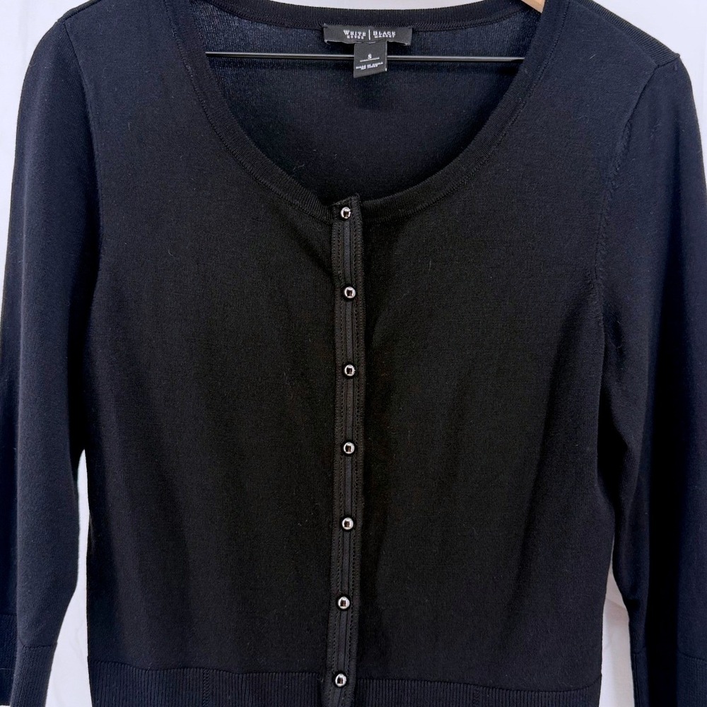 White House Black Market Womens Black Snap Front 3/4 Sleeve Cardigan Sweater S - Picture 3 of 9